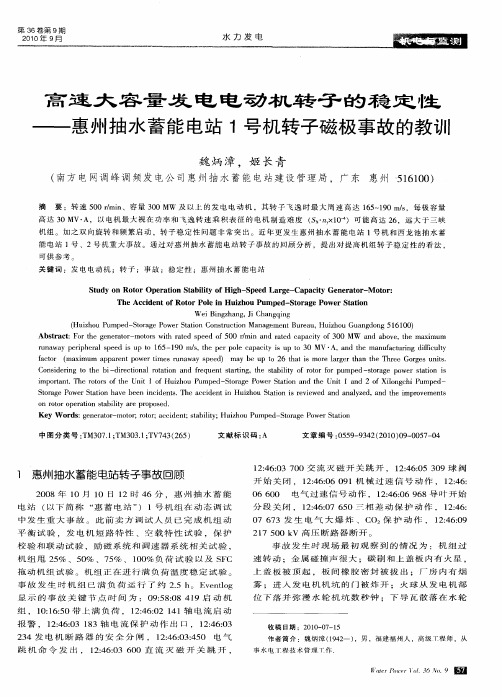 高速大容量发电电动机转子的稳定性——惠州抽水蓄能电站1号机转子磁极事故的教训