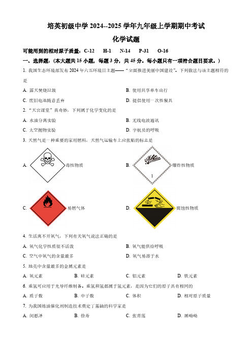 广东省江门市蓬江区培英初级中学2024--2025学年九年级上学期期中考试化学试题(含答案)