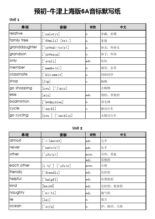 2020版预初-牛津上海版6A音标默写纸