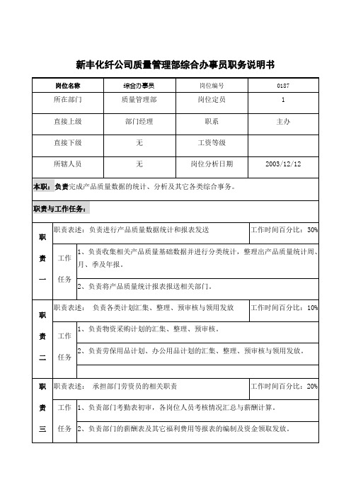 新丰化纤公司质量管理部综合办事员职务说明书