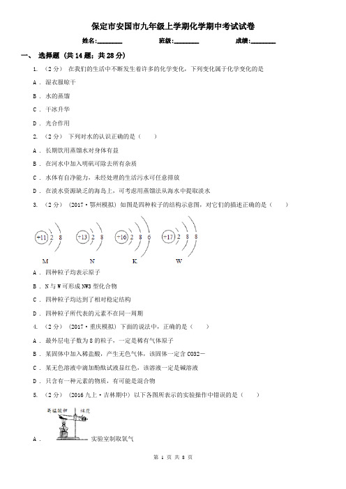 保定市安国市九年级上学期化学期中考试试卷