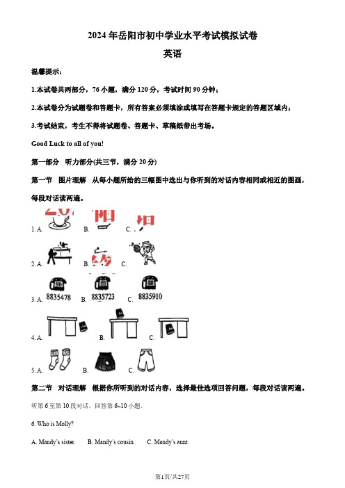 解析:2024年初中升学考试模拟测试卷湖南省岳阳市中考英语真题(解析版)