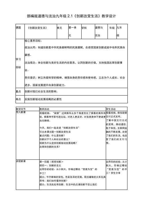 2-1《创新改变生活》教学设计 统编版道德与法治九年级上册