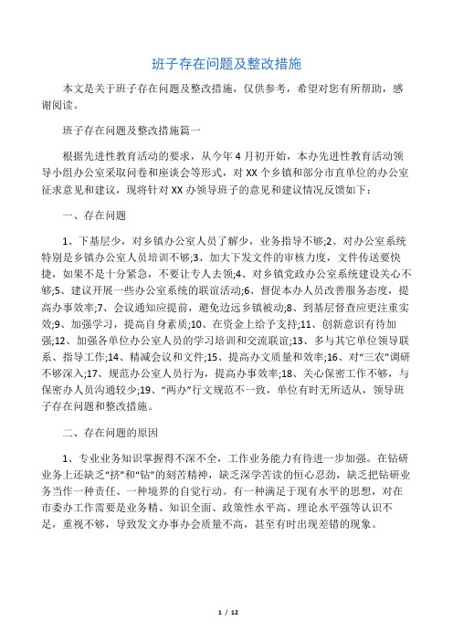 班子存在问题及整改措施