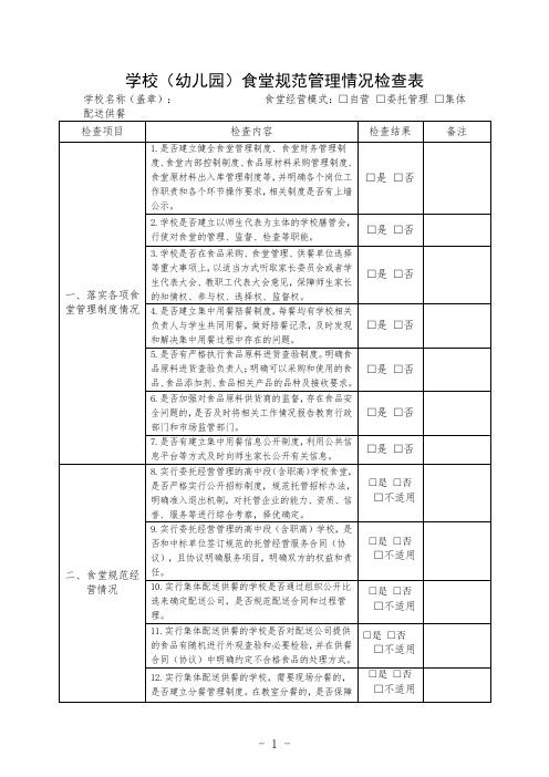 学校(幼儿园)食堂规范管理情况检查表