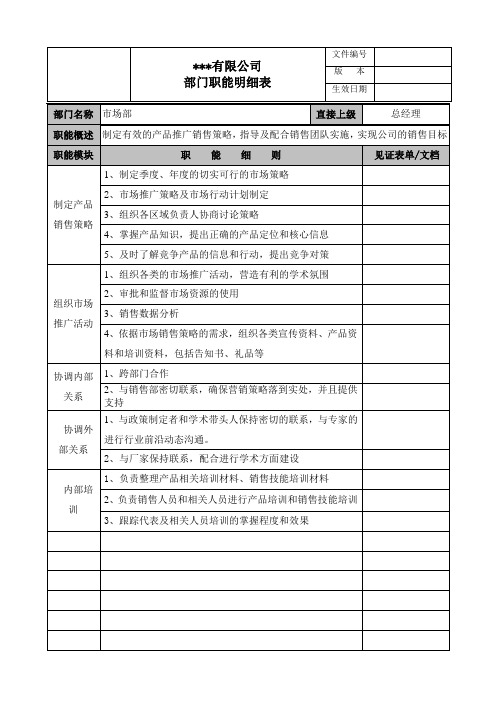 市场部部门工作职能明细表