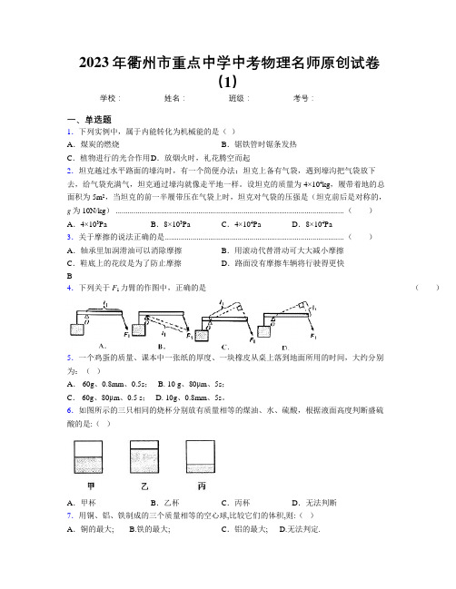 2023年衢州市重点中学中考物理名师原创试卷(1)