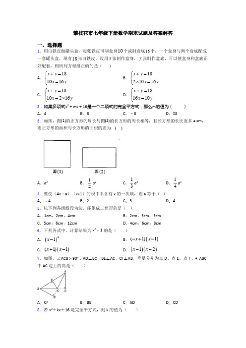 攀枝花市七年级下册数学期末试题及答案解答