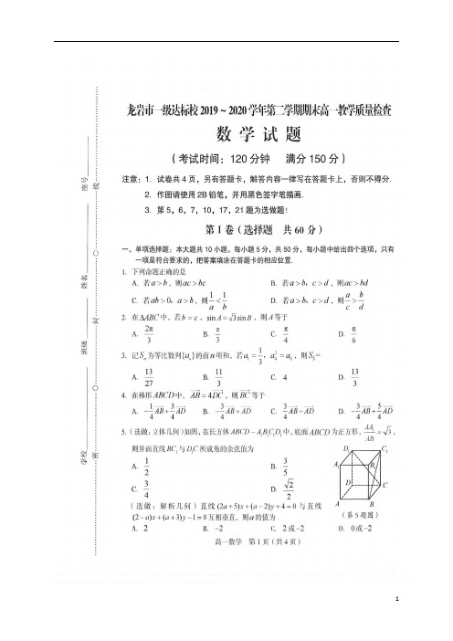 福建省龙岩市一级达标校2019-2020学年高一下学期期末质检数学试题+扫描版含答案