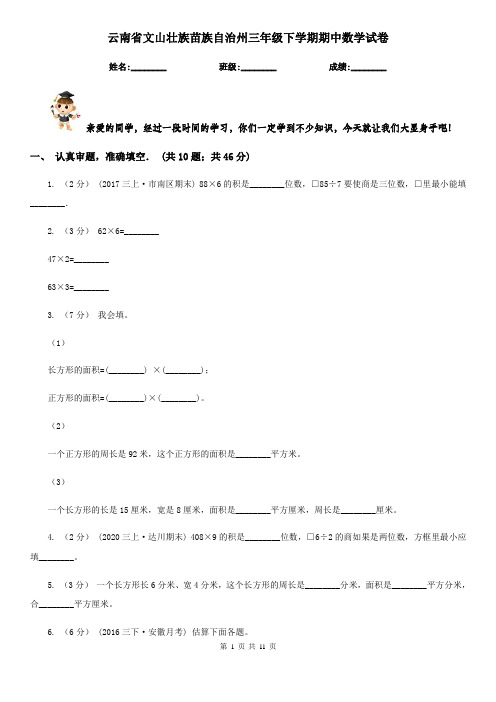 云南省文山壮族苗族自治州三年级下学期期中数学试卷