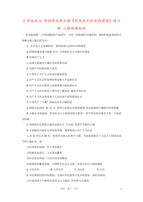 九年级政治 第四单元第九课《实现我们的共同理想》练习题 人教新课标版