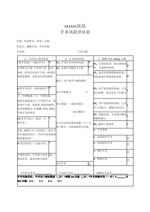 手术风险评估表