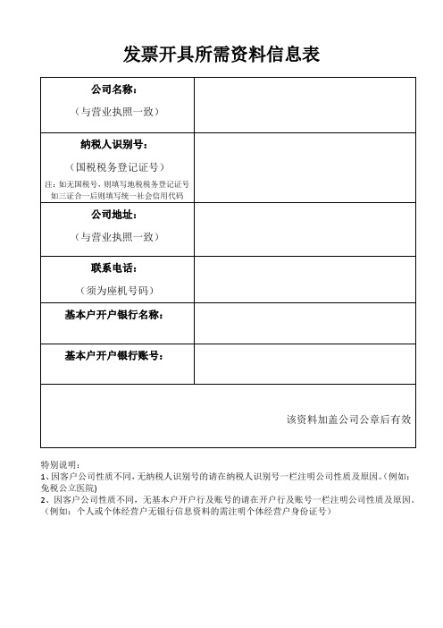 发票开具所需资料信息表