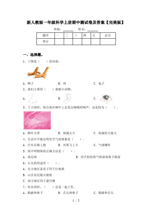 新人教版一年级科学上册期中测试卷及答案【完美版】
