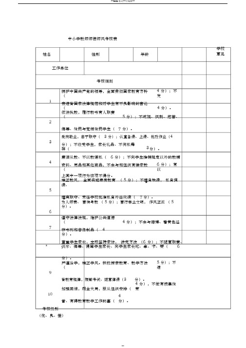 中小学教师师德师风考核表