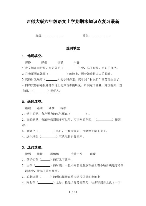 西师大版六年级语文上学期期末知识点复习最新