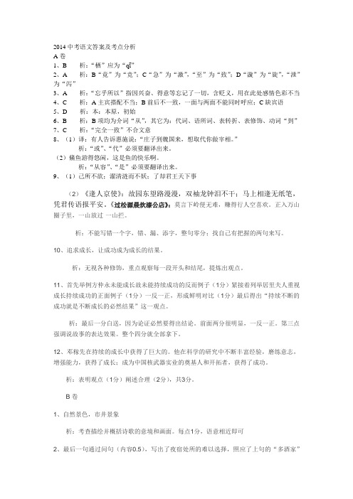 2014中考语文答案及考点解析