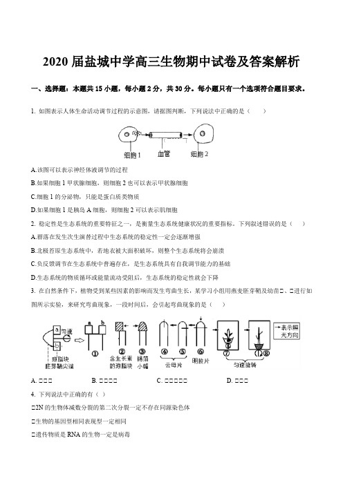 2020届盐城中学高三生物期中试卷及答案解析