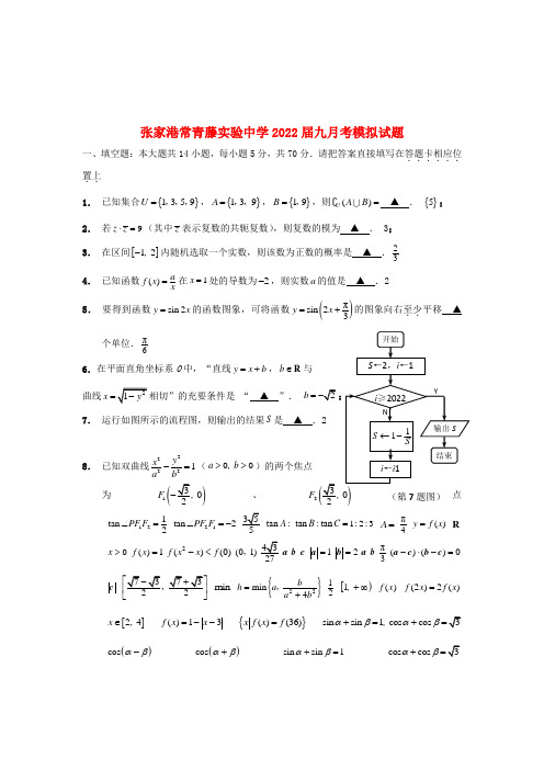 江苏省张家港常青藤实验中学2022届高三数学9月月考模拟押题（教师版）苏教版