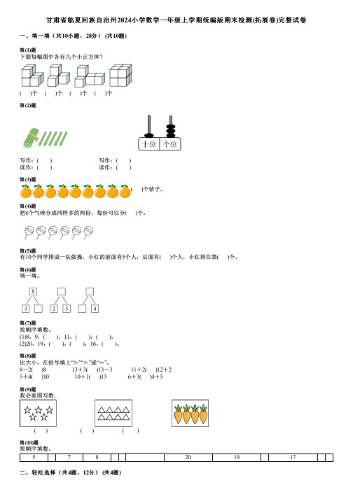 甘肃省临夏回族自治州2024小学数学一年级上学期统编版期末检测(拓展卷)完整试卷