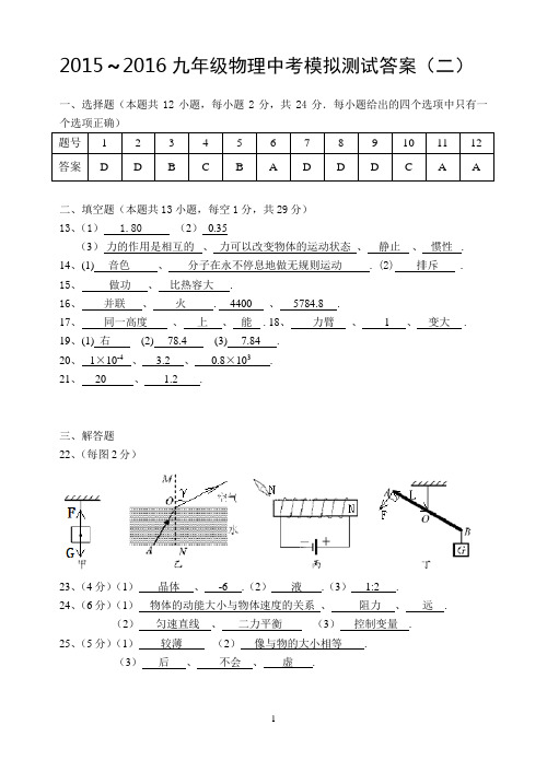 2015～2016年镇江市九年级物理中考模拟测试试卷二模参考答案修改版