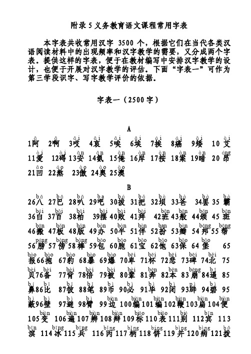 义务教育语文课程常用字表3500字拼音版