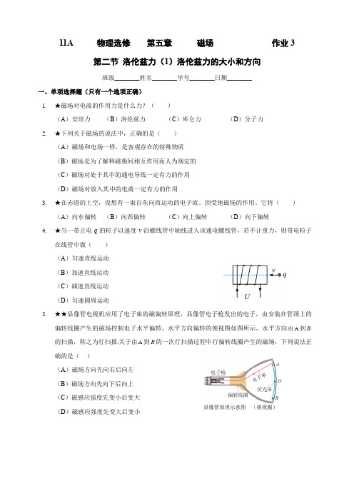 5.2 洛伦兹力(1)洛伦兹力的大小和方向 作业3-2024-2025学年高二下学期物理沪科版(20