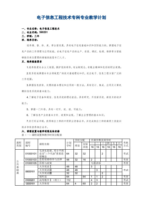 电子信息工程技术专科专业教学计划