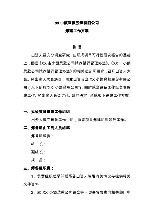 XX小额贷款公司筹建工作方案