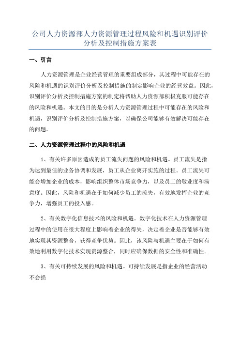 公司人力资源部人力资源管理过程风险和机遇识别评价分析及控制措施方案表