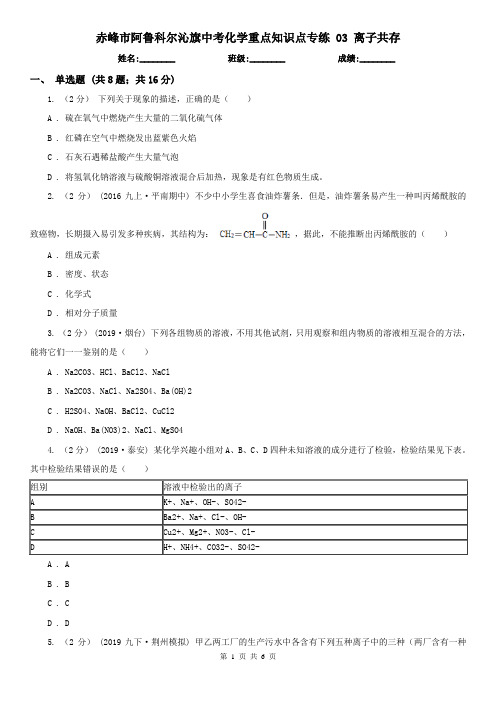 赤峰市阿鲁科尔沁旗中考化学重点知识点专练 03 离子共存