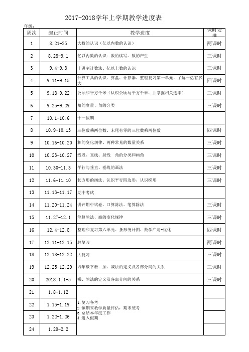 2017-2018学年上学期教学进度表