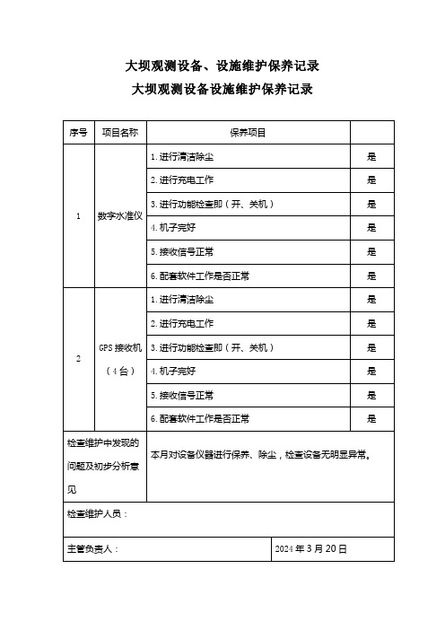 大坝观测设备、设施维护保养记录