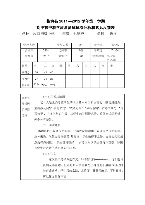 七年级语文试卷分析和意见反馈表