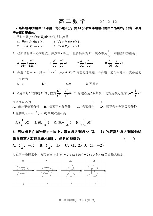 2010-2011学年度高二上学期12月份月考数学试卷2012(1)