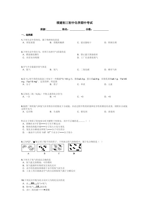 福建初三初中化学期中考试带答案解析
