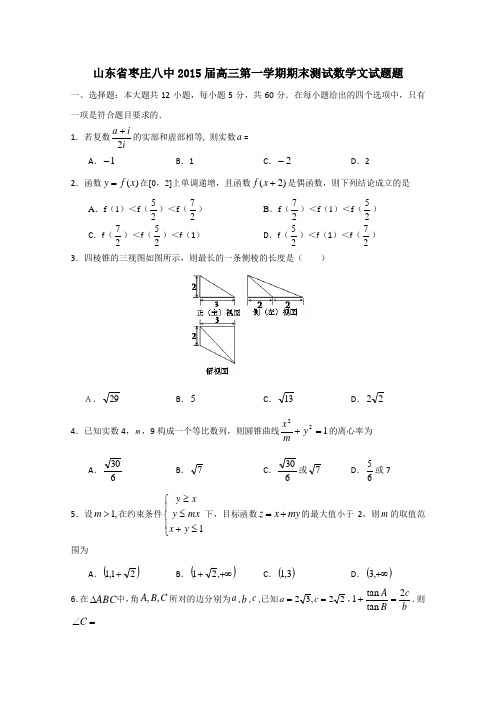 山东省枣庄八中2015届高三上学期期末测试数学文试题 Word版含答案