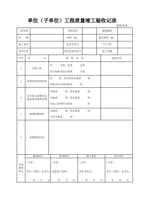 渝建竣 验收表8 单位(子单位)工程质量竣工验收记录