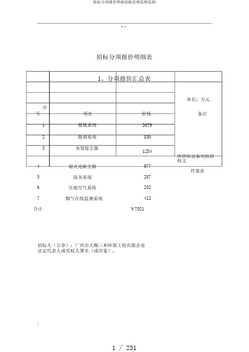 投标分项报价明细表格范例范例范例