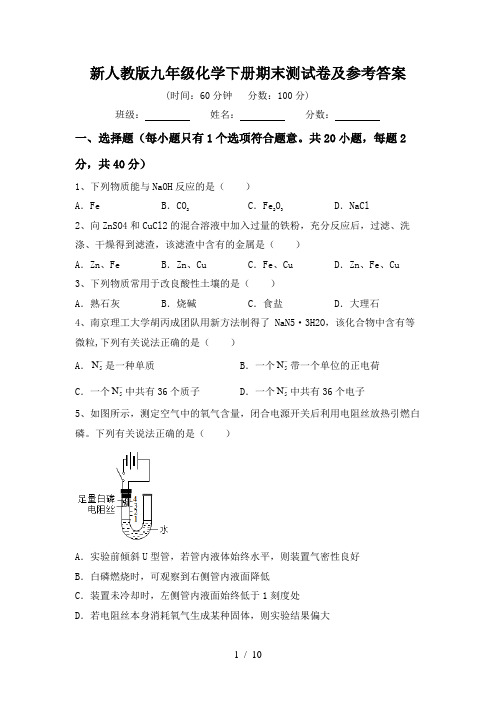 新人教版九年级化学下册期末测试卷及参考答案