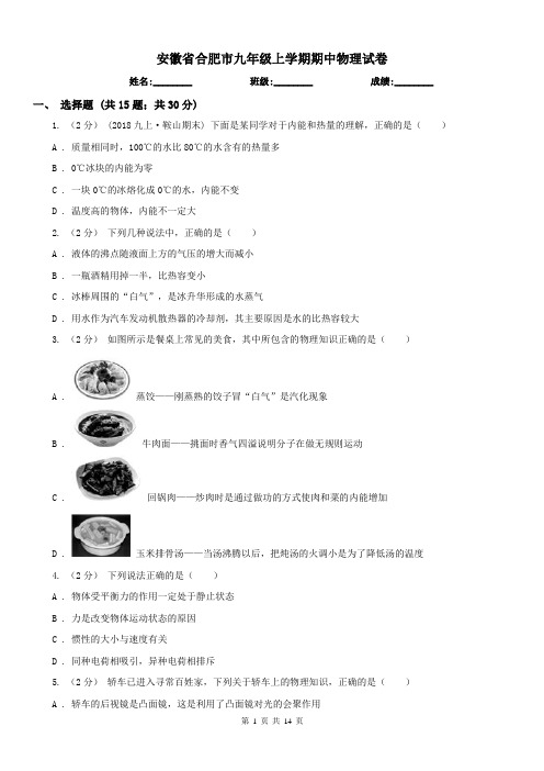 安徽省合肥市九年级上学期期中物理试卷