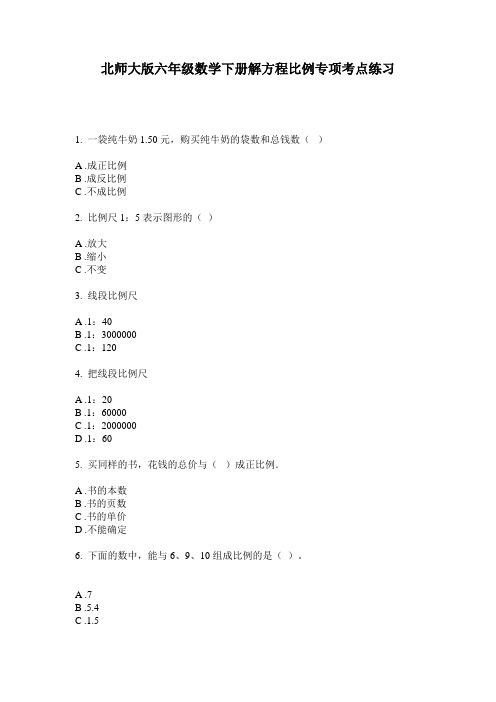 北师大版六年级数学下册解方程比例专项考点练习