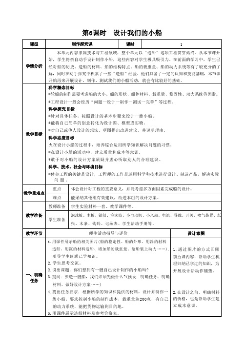 五年级科学下教案 第一单元 船的研究 第6课时  设计我们的小船