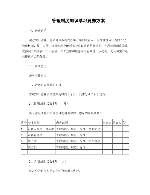 管理制度知识学习竞赛方案