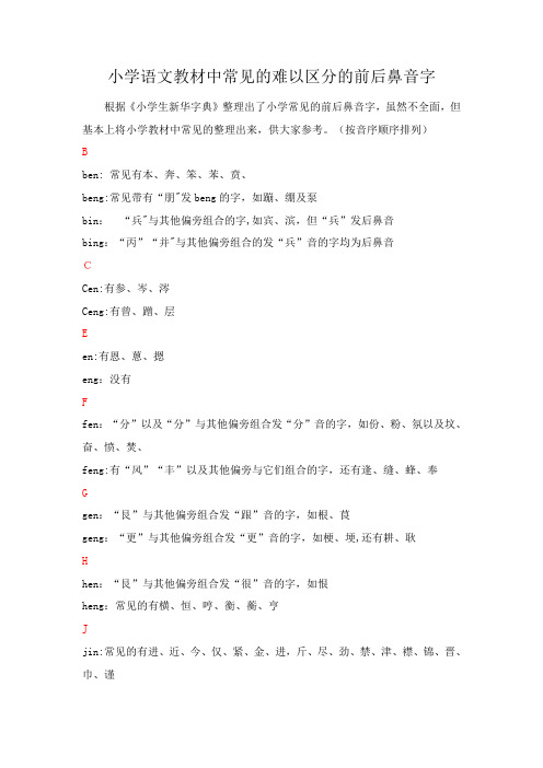 小学语文教材中常见的难以区分的前后鼻音字