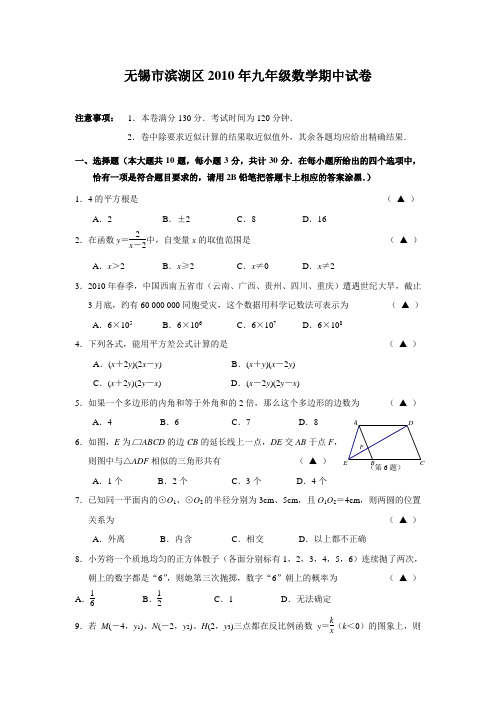 无锡市滨湖区2010年九年级数学期中试卷 2010