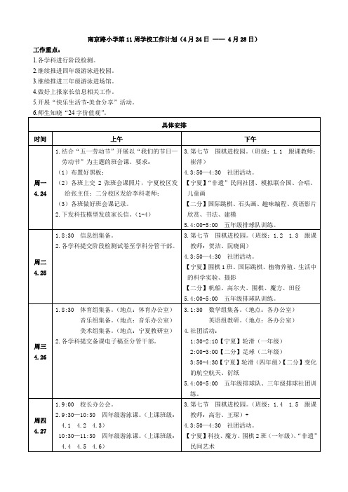 南京路小学第11周学校工作计划(4月24日——4月28日)