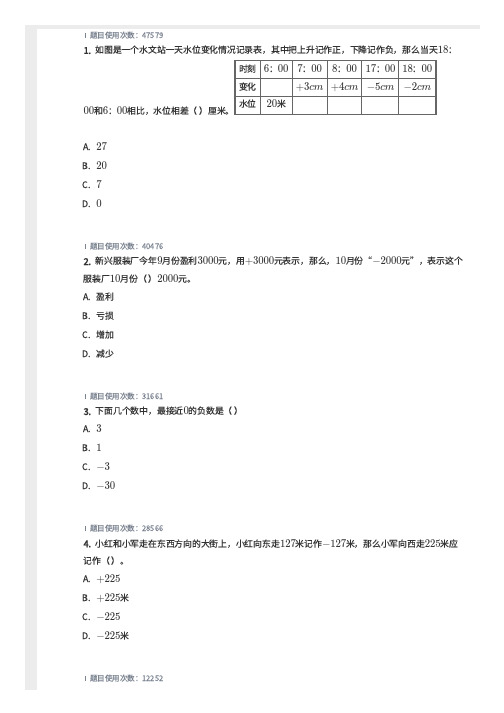 苏教版五年级数学 负数的认识  50道带答案