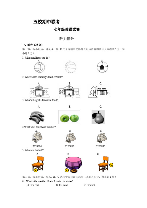 第一学期嘉兴市五校期中联考七年级英语试卷