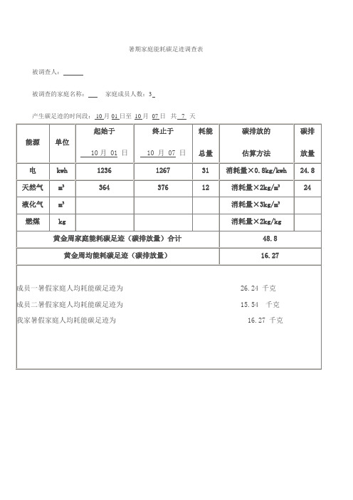 暑期家庭能耗碳足迹调查表